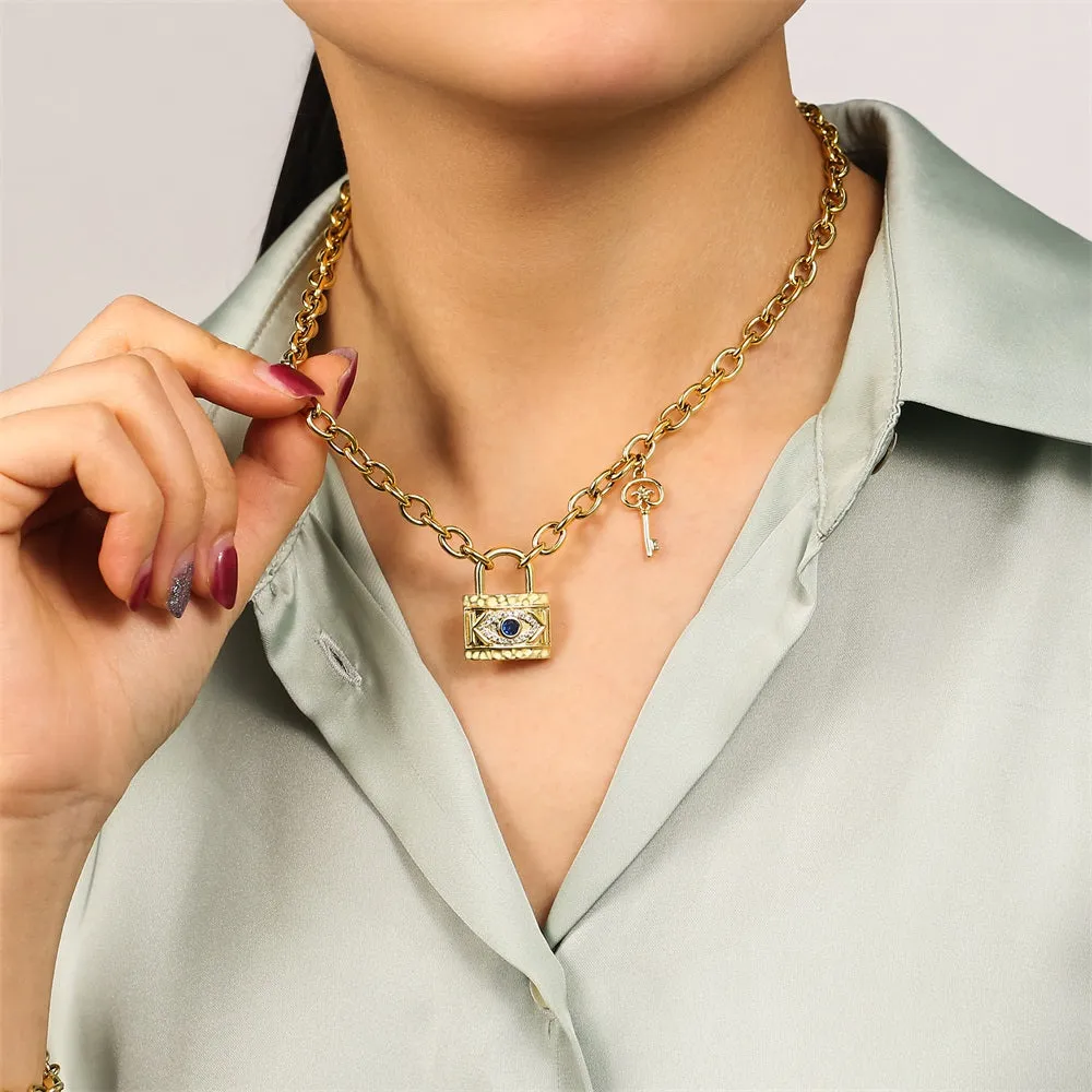 KRKC&CO KEEP REAL KEEP CHAMPION Amulets Padlock and key 6mm width neclace for women