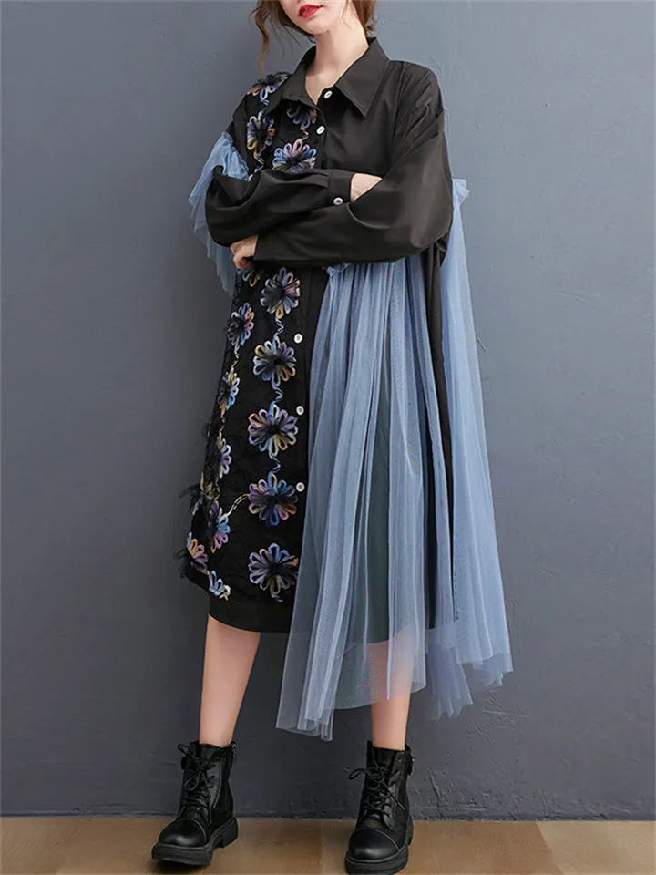 Ladies Chic & Trendy Flower Decoration Mesh Shirt Dress