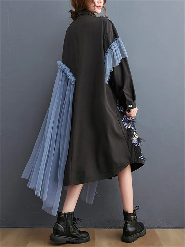 Ladies Chic & Trendy Flower Decoration Mesh Shirt Dress