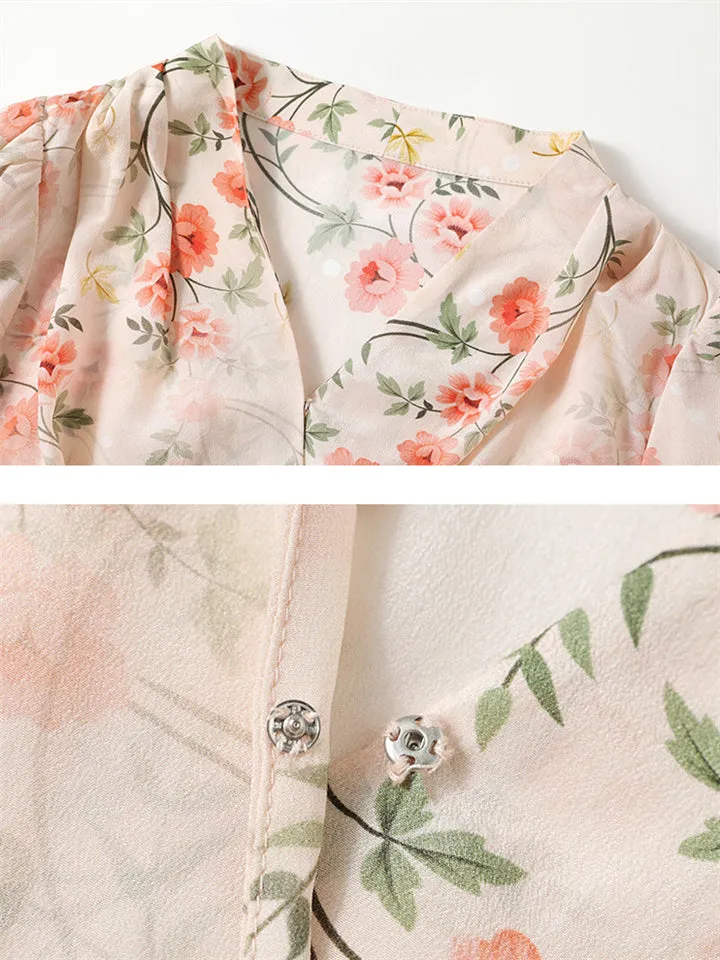 Ladies French Style V-Neck Floral Print Lantern Sleeve Dress