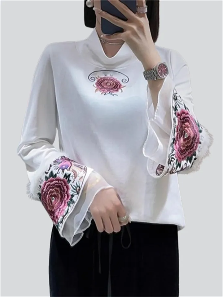 Lady Floral Embroidery Patchwork Flared Sleeve Shirt