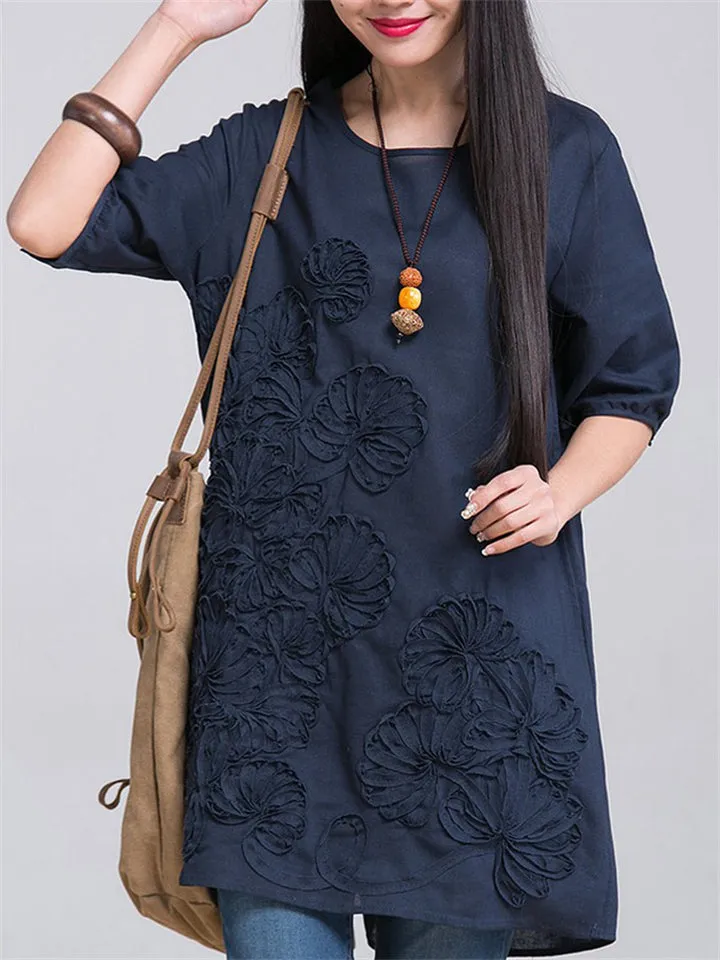 Lady Floral Graphic Mid-Length Round Neck Patchwork Shirt