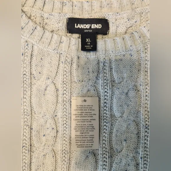 Lands' End Women's Cotton Drifter Cable Crew Neck Sweater Light Blue Size XL NWT