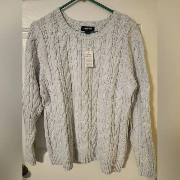 Lands' End Women's Cotton Drifter Cable Crew Neck Sweater Light Blue Size XL NWT