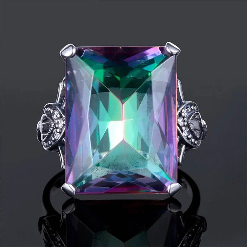 Large Square Rainbow Fire Mystic Topaz Ring