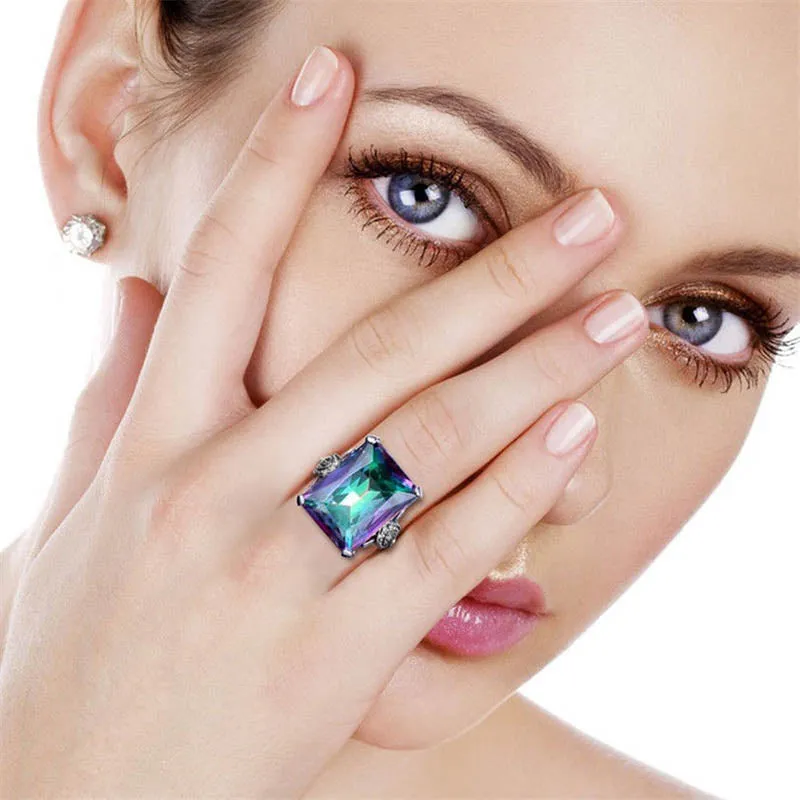 Large Square Rainbow Fire Mystic Topaz Ring