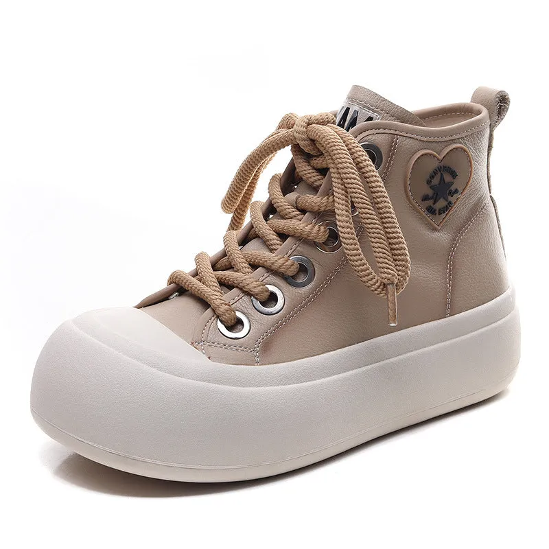 Leather Lace-up Casual Soft-soled Mid-cut Women's Boots