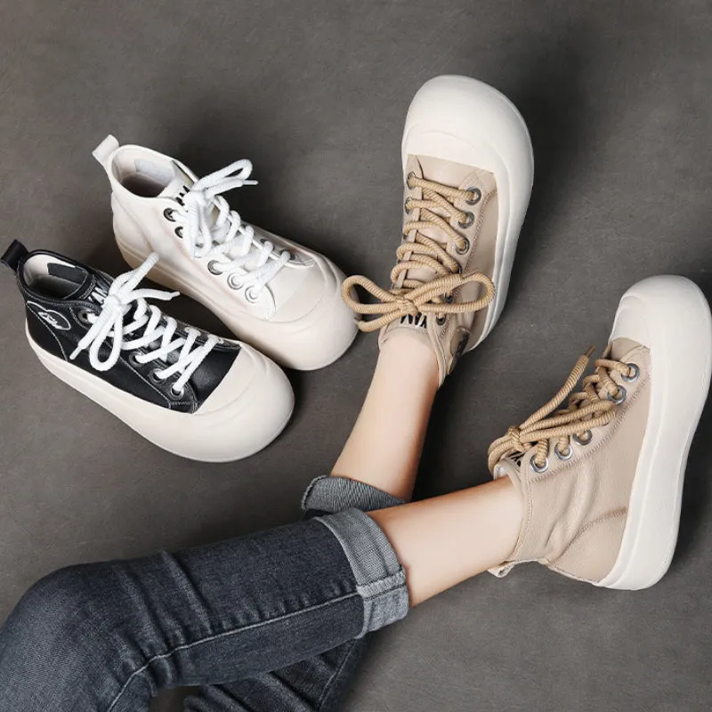 Leather Lace-up Casual Soft-soled Mid-cut Women's Boots