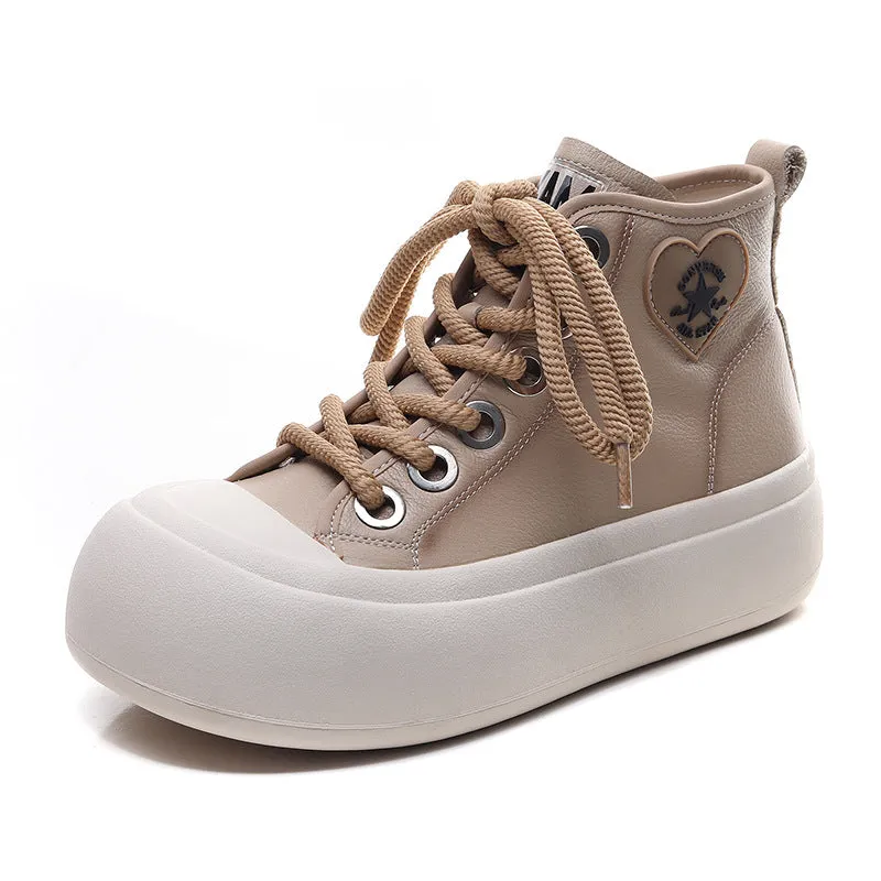 Leather Lace-up Casual Soft-soled Mid-cut Women's Boots