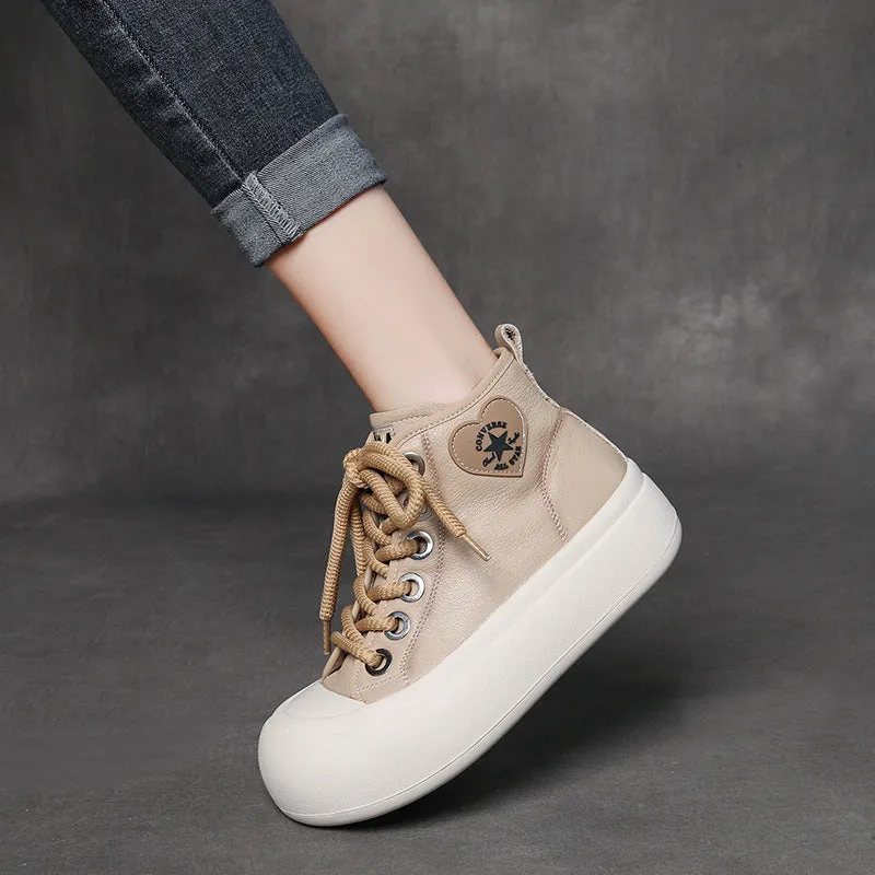 Leather Lace-up Casual Soft-soled Mid-cut Women's Boots