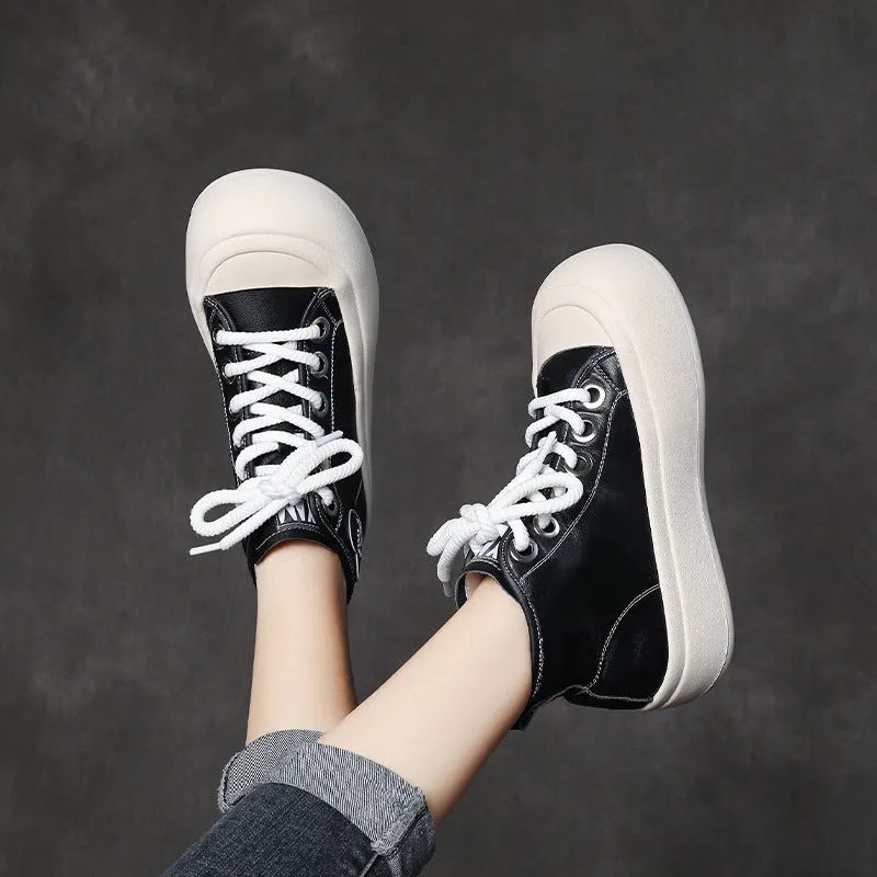 Leather Lace-up Casual Soft-soled Mid-cut Women's Boots