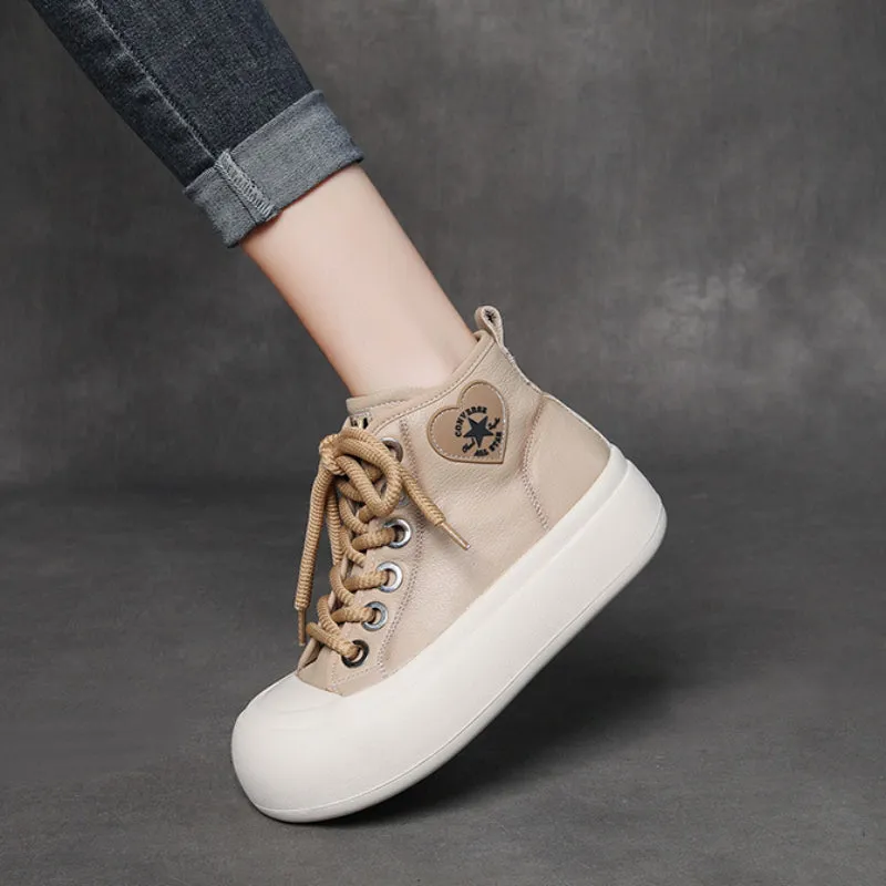 Leather Lace-up Casual Soft-soled Mid-cut Women's Boots