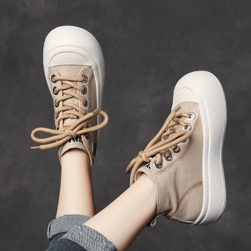 Leather Lace-up Casual Soft-soled Mid-cut Women's Boots