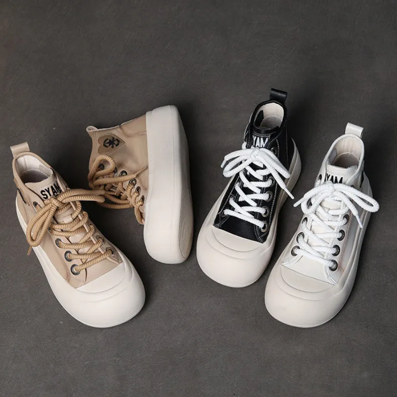 Leather Lace-up Casual Soft-soled Mid-cut Women's Boots