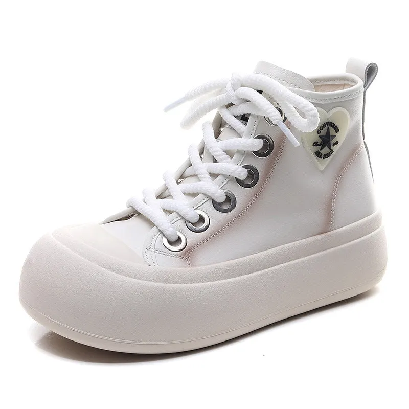 Leather Lace-up Casual Soft-soled Mid-cut Women's Boots