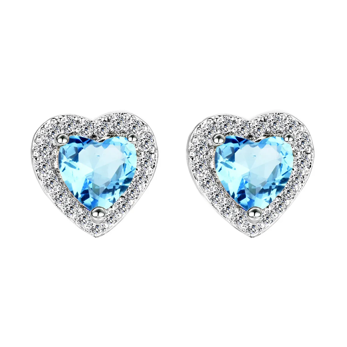 Light Blue Crystal & Cubic Zirconia Silver-Plated Halo Heart Stud Earrings
