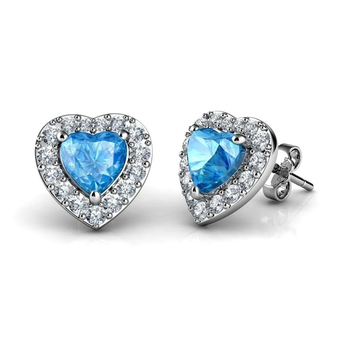 Light Blue Crystal & Cubic Zirconia Silver-Plated Halo Heart Stud Earrings