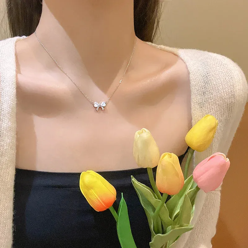 Light Luxurious Opal Bow Necklace Women Fashionable Jewelry Gift