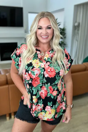 Lizzy Cap Sleeve Top in Black Garden Floral