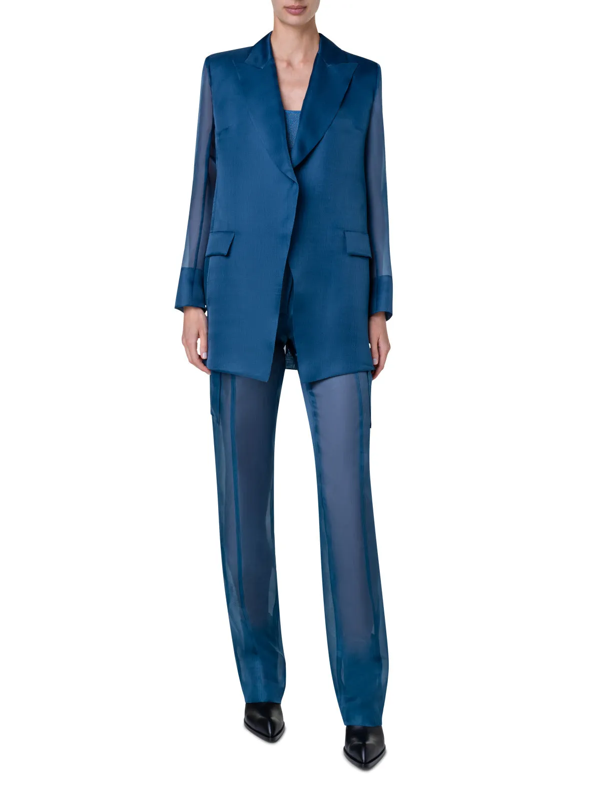 Long Tailored Jacket with Semi-Sheer Sleeve