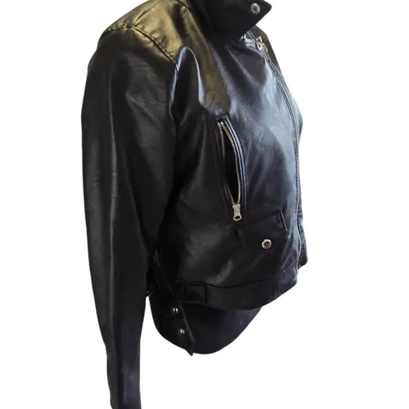 Love Tree Womens Size Large Black Faux Leather Moto Jacket Blazer NEW