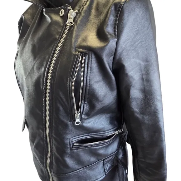 Love Tree Womens Size Large Black Faux Leather Moto Jacket Blazer NEW
