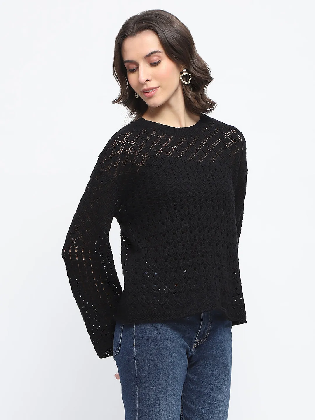 Madame Textured Crew Neck Black Full Sleeve Sweater