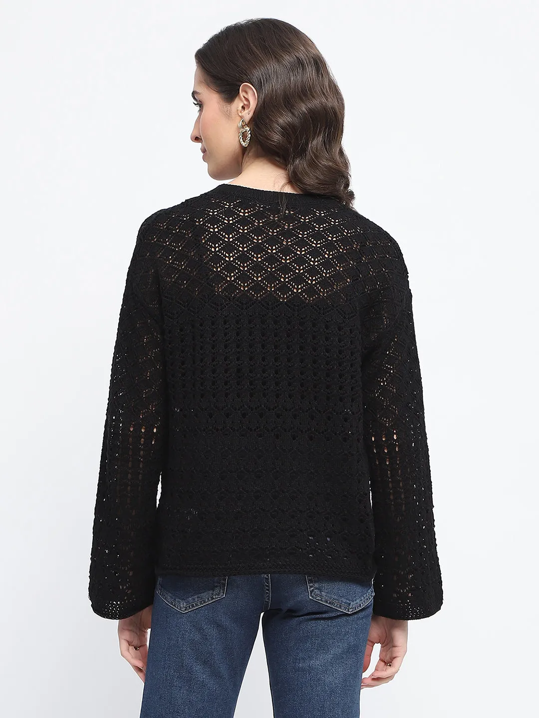 Madame Textured Crew Neck Black Full Sleeve Sweater