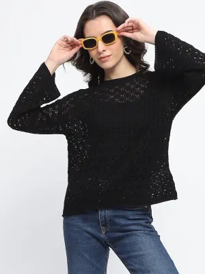 Madame Textured Crew Neck Black Full Sleeve Sweater
