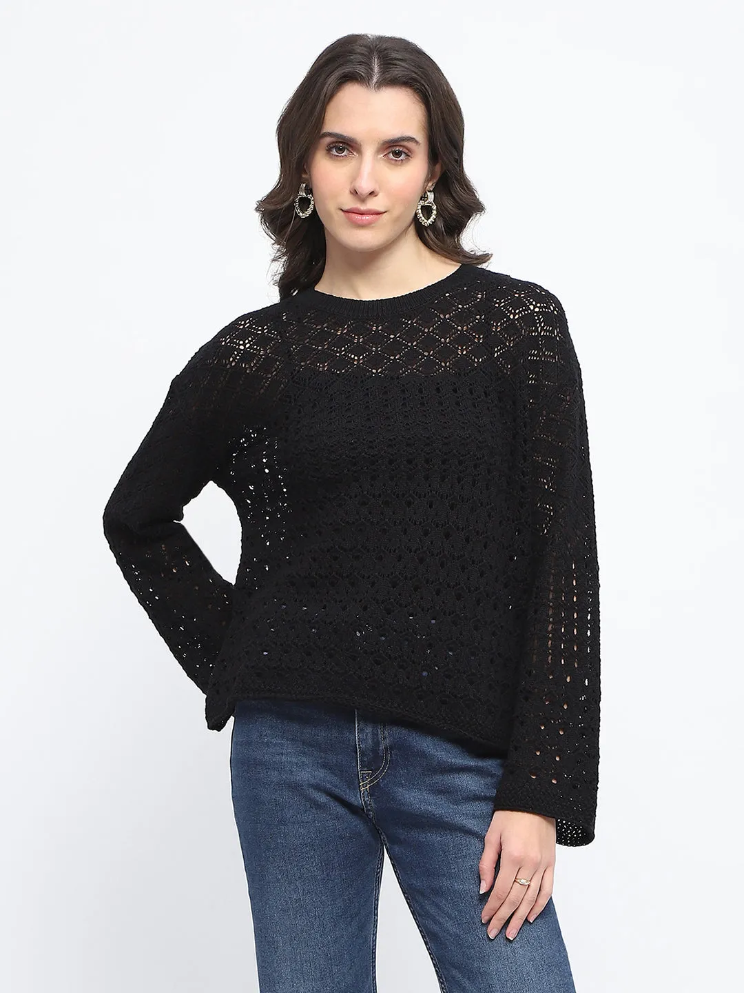 Madame Textured Crew Neck Black Full Sleeve Sweater