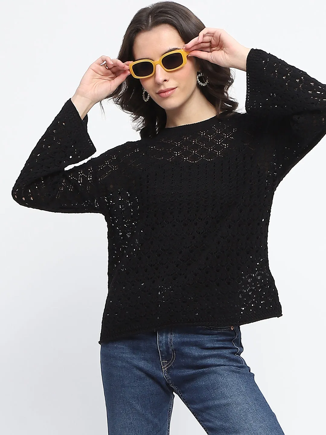 Madame Textured Crew Neck Black Full Sleeve Sweater