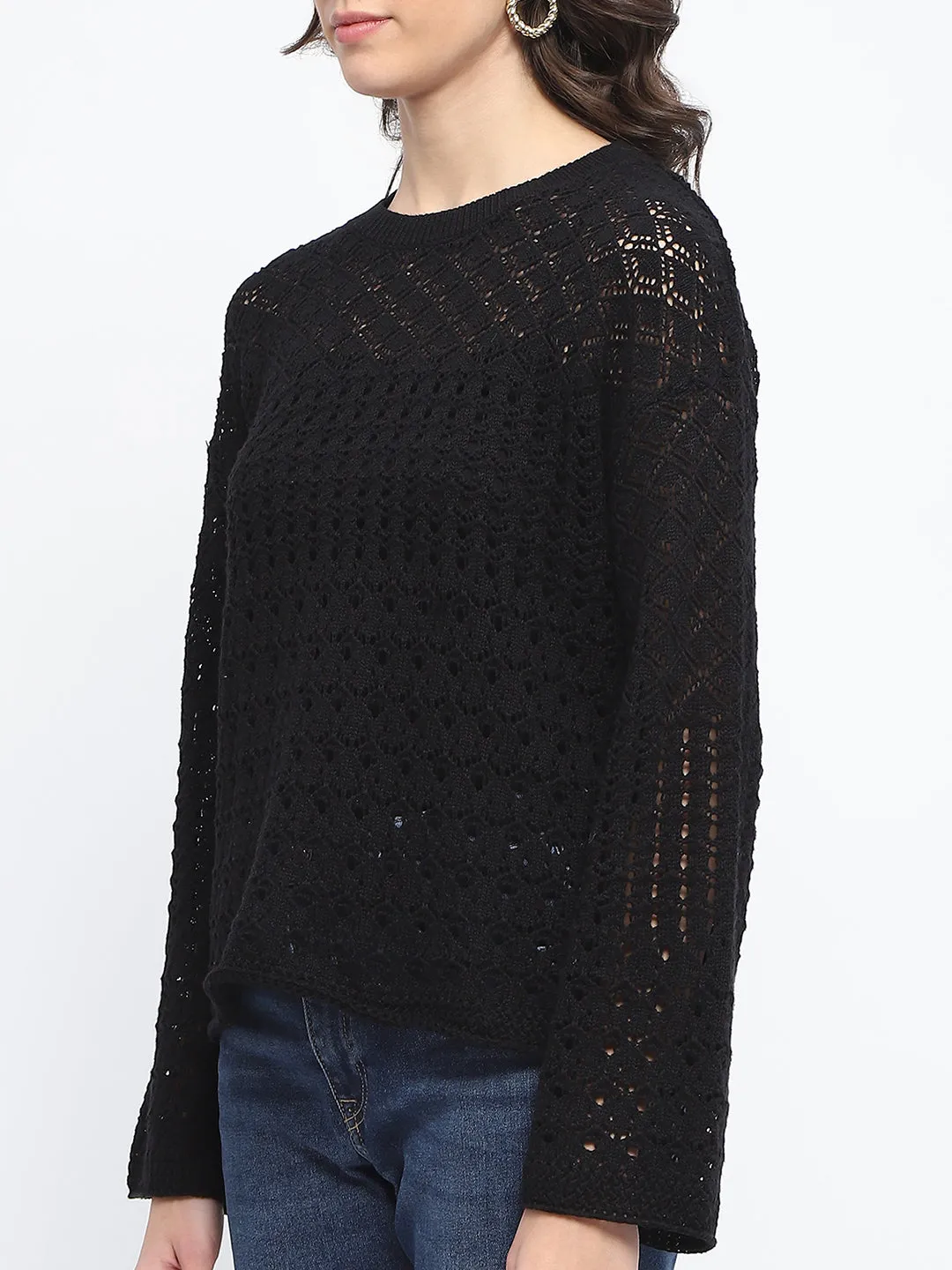 Madame Textured Crew Neck Black Full Sleeve Sweater