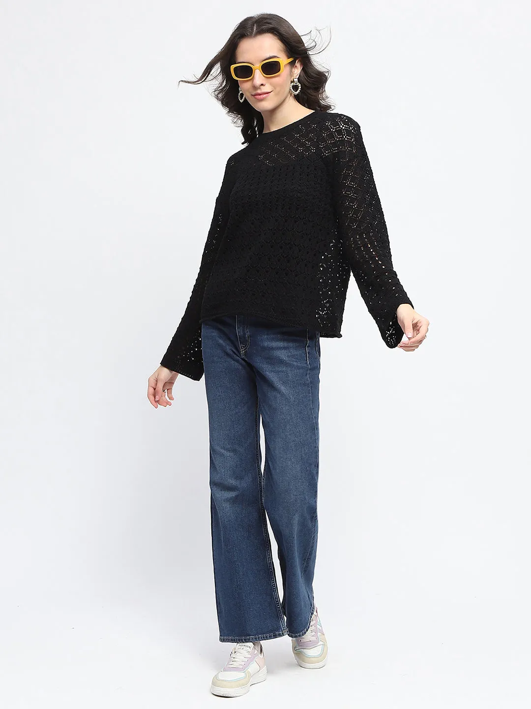 Madame Textured Crew Neck Black Full Sleeve Sweater
