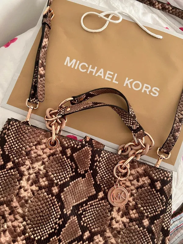 MICHAEL KORS Cynthia Medium Brown Python Embossed Leather Shoulder Bag Purse New