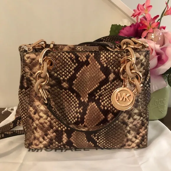MICHAEL KORS Cynthia Medium Brown Python Embossed Leather Shoulder Bag Purse New