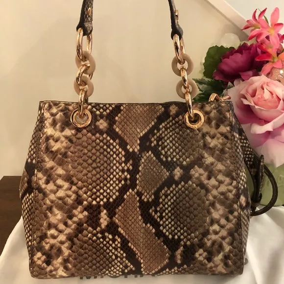 MICHAEL KORS Cynthia Medium Brown Python Embossed Leather Shoulder Bag Purse New