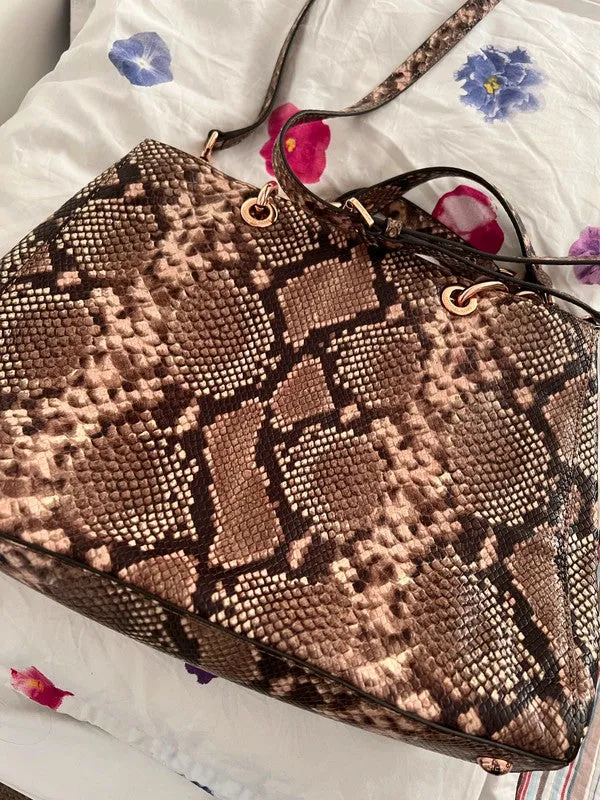 MICHAEL KORS Cynthia Medium Brown Python Embossed Leather Shoulder Bag Purse New
