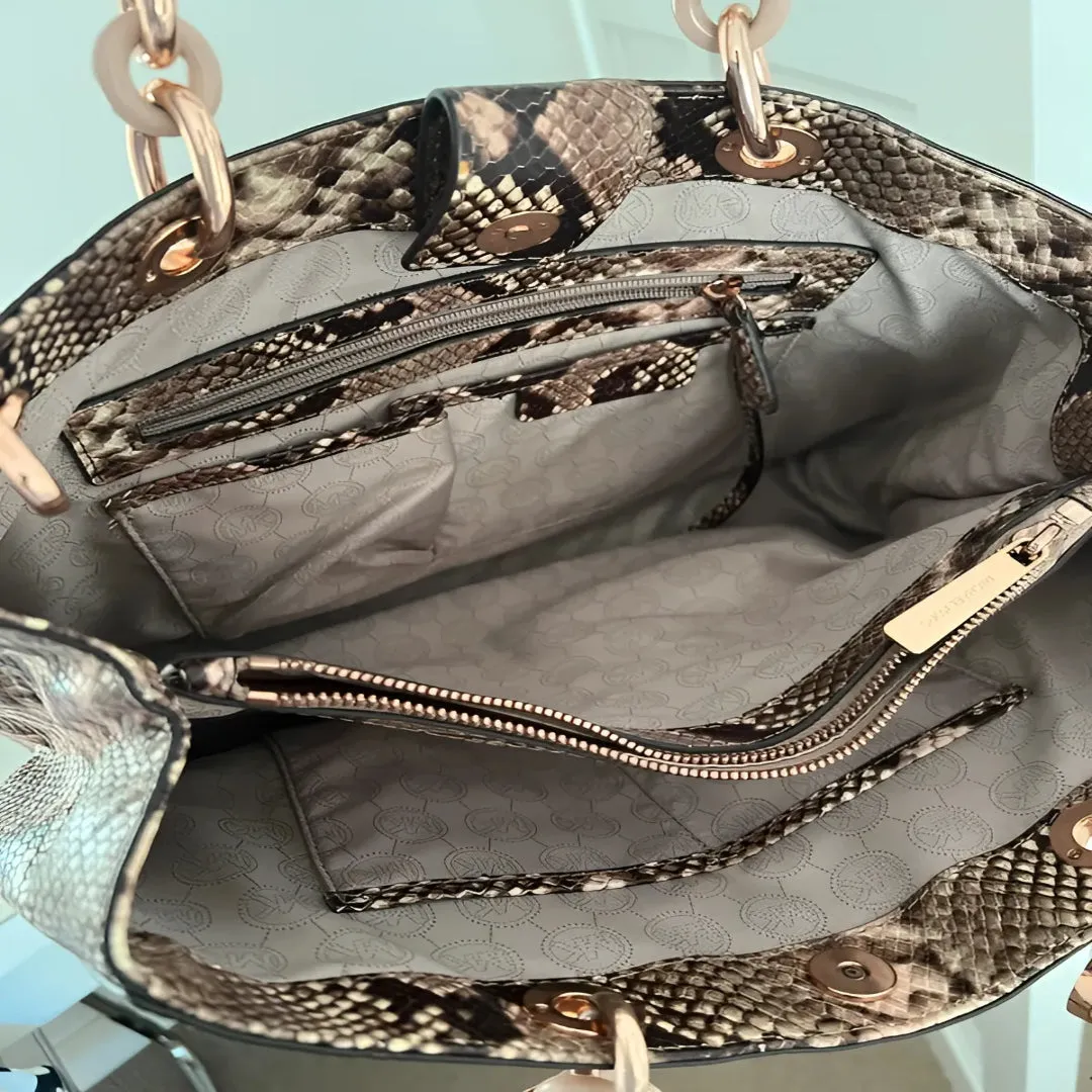 MICHAEL KORS Cynthia Medium Brown Python Embossed Leather Shoulder Bag Purse New