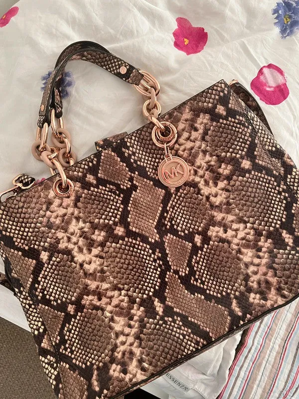MICHAEL KORS Cynthia Medium Brown Python Embossed Leather Shoulder Bag Purse New