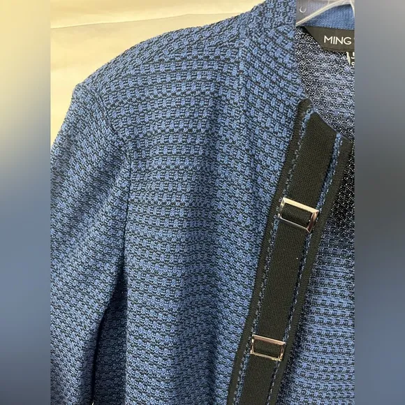 Ming Wang Women's Knit Blue Black Patterned‎ Buckle Detail Open Front Blazer- M