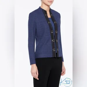 Ming Wang Women's Knit Blue Black Patterned‎ Buckle Detail Open Front Blazer- M