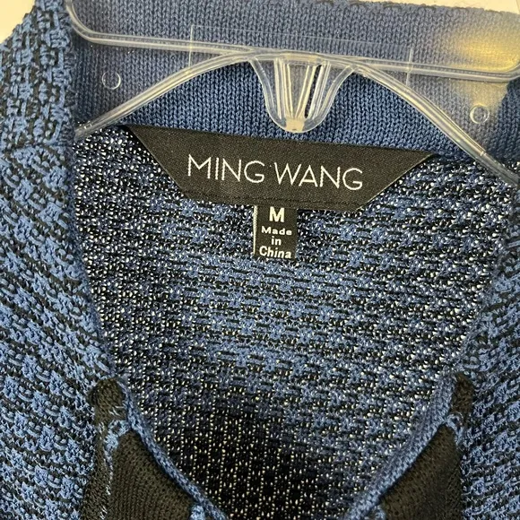 Ming Wang Women's Knit Blue Black Patterned‎ Buckle Detail Open Front Blazer- M