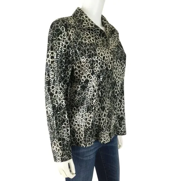 MISOOK Jacket Women Large Petite Embellished Sequined Geometric Full Zip Sparkly