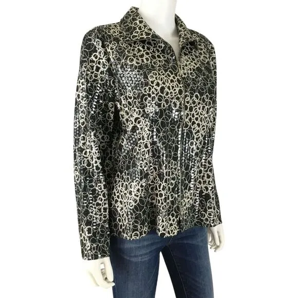 MISOOK Jacket Women Large Petite Embellished Sequined Geometric Full Zip Sparkly