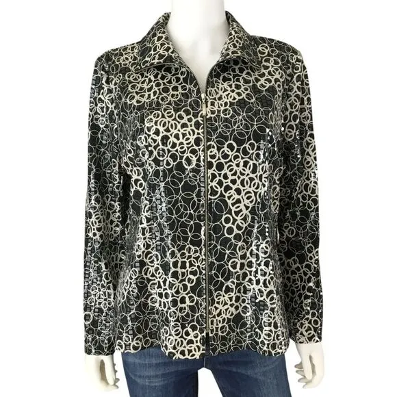 MISOOK Jacket Women Large Petite Embellished Sequined Geometric Full Zip Sparkly