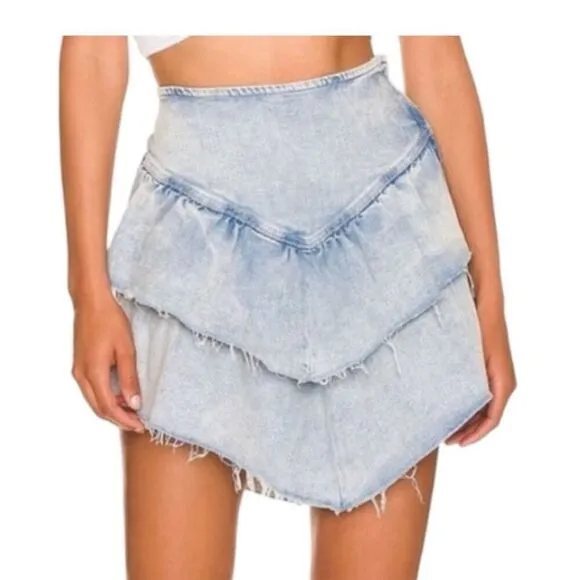 MOTHER Women's The Ruffle Jean Mini Skirt Size 27 Blue Raw Edge Short