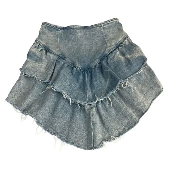 MOTHER Women's The Ruffle Jean Mini Skirt Size 27 Blue Raw Edge Short