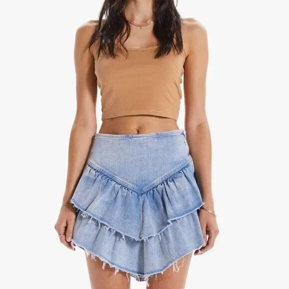MOTHER Women's The Ruffle Jean Mini Skirt Size 27 Blue Raw Edge Short