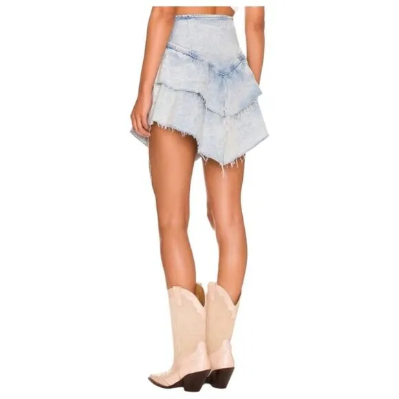 MOTHER Women's The Ruffle Jean Mini Skirt Size 27 Blue Raw Edge Short