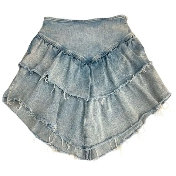 MOTHER Women's The Ruffle Jean Mini Skirt Size 27 Blue Raw Edge Short